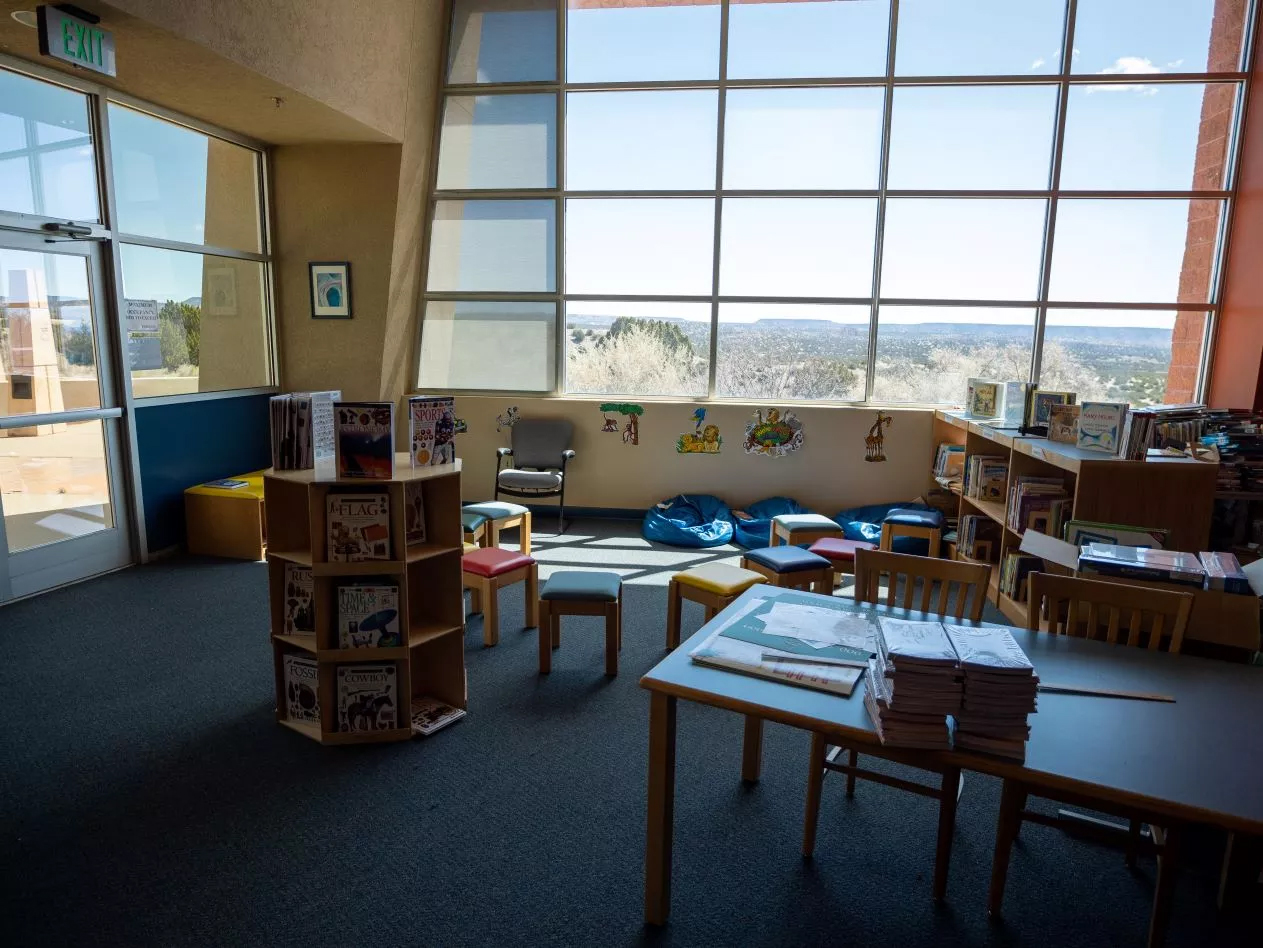 corner of library with beanbag chairs for reading